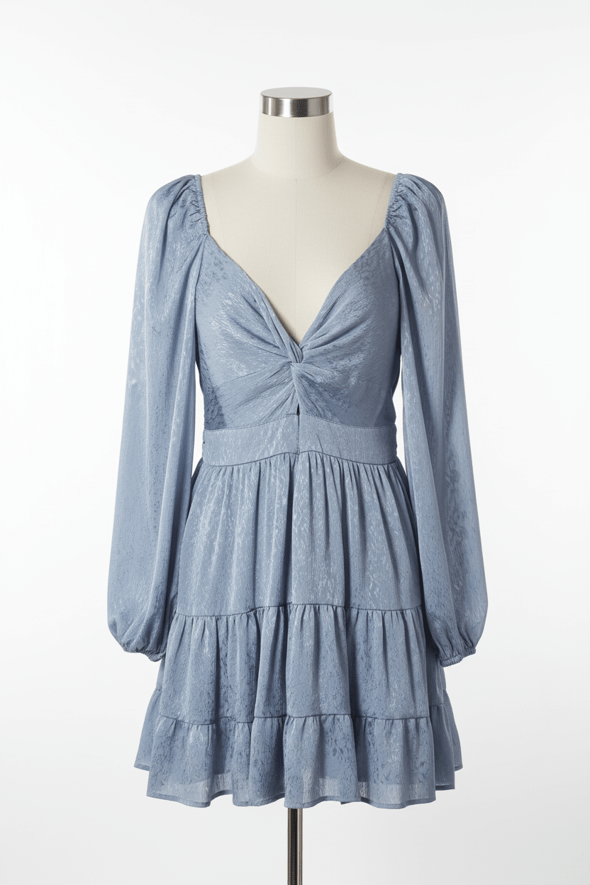 Altar'd State Slate Blue Crinkle Jacquard Twist-Front Mini Dress - The Garment Garden Boutique