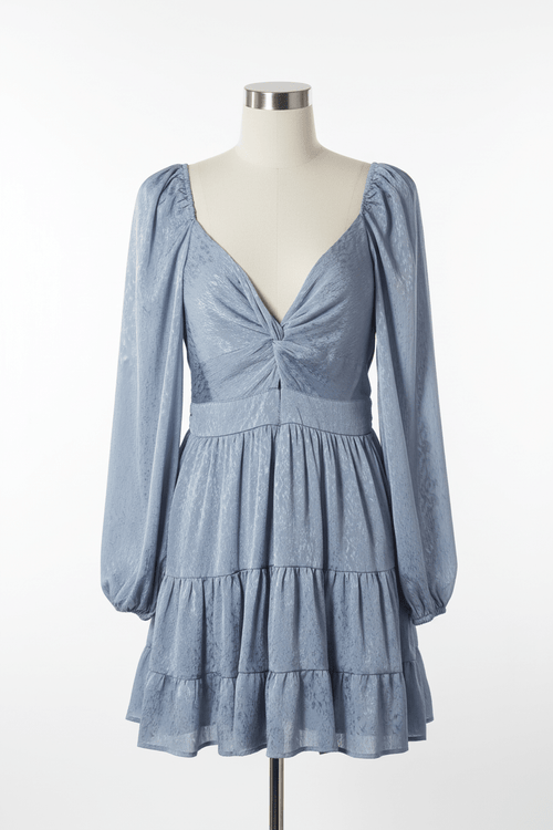 Altar'd State Slate Blue Crinkle Jacquard Twist-Front Mini Dress - The Garment Garden Boutique