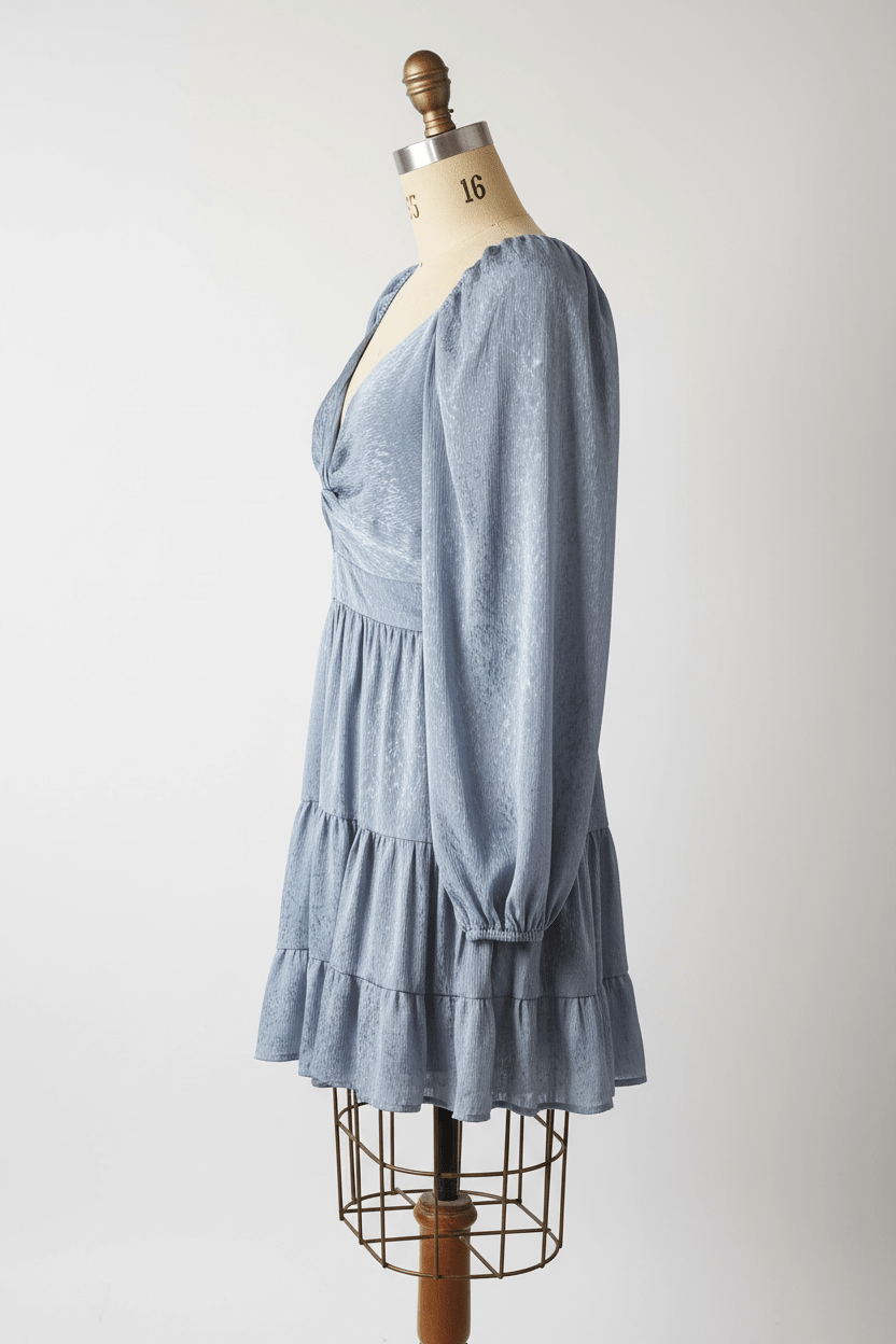 Altar'd State Slate Blue Crinkle Jacquard Twist-Front Mini Dress - The Garment Garden Boutique