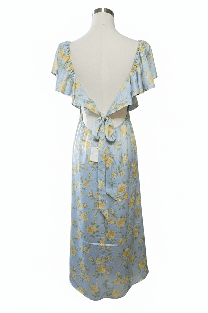 Powder Blue Yellow Rose Floral Open Back Midi Dress by Altar'D State - The Garment Garden Boutique