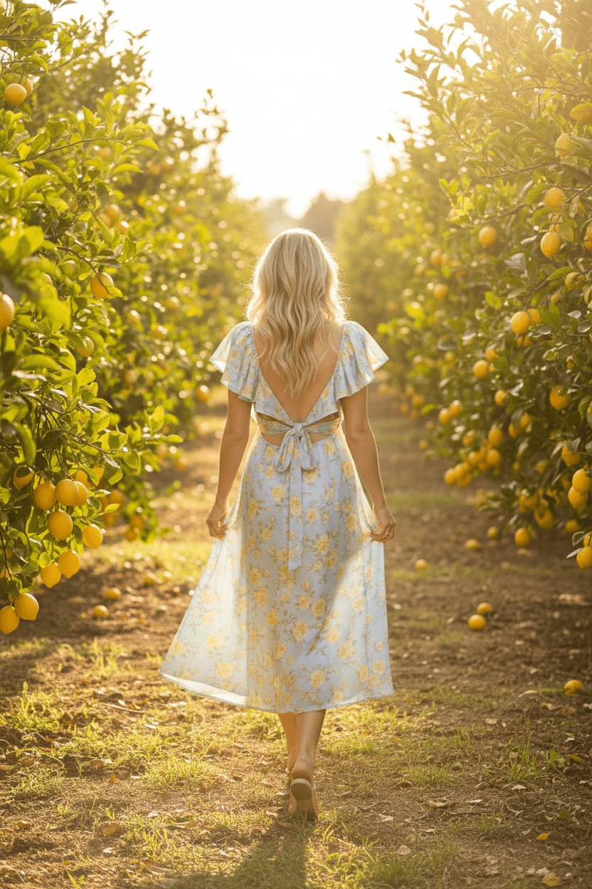 Powder Blue Yellow Rose Floral Open Back Midi Dress by Altar'D State - The Garment Garden Boutique