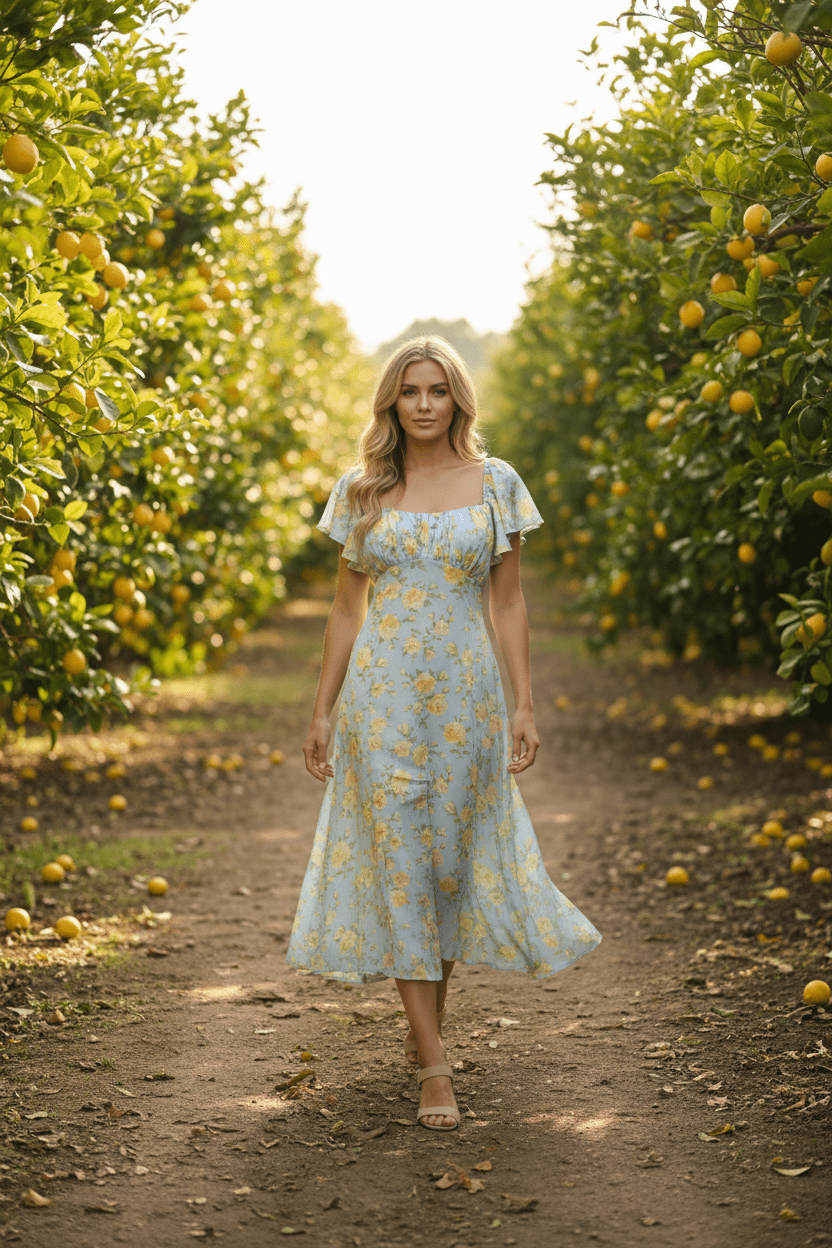 Powder Blue Yellow Rose Floral Open Back Midi Dress by Altar'D State - The Garment Garden Boutique