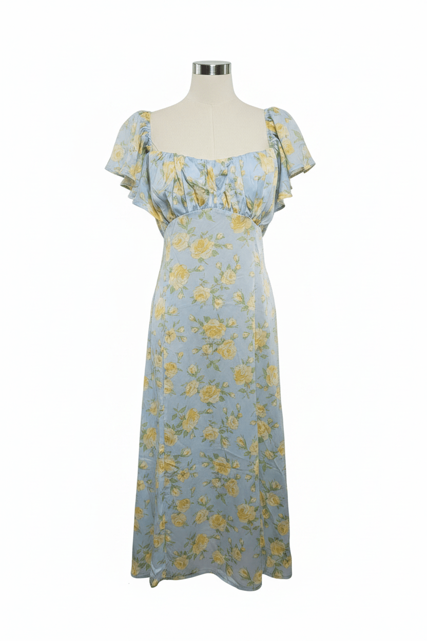 Powder Blue Yellow Rose Floral Open Back Midi Dress by Altar'D State - The Garment Garden Boutique