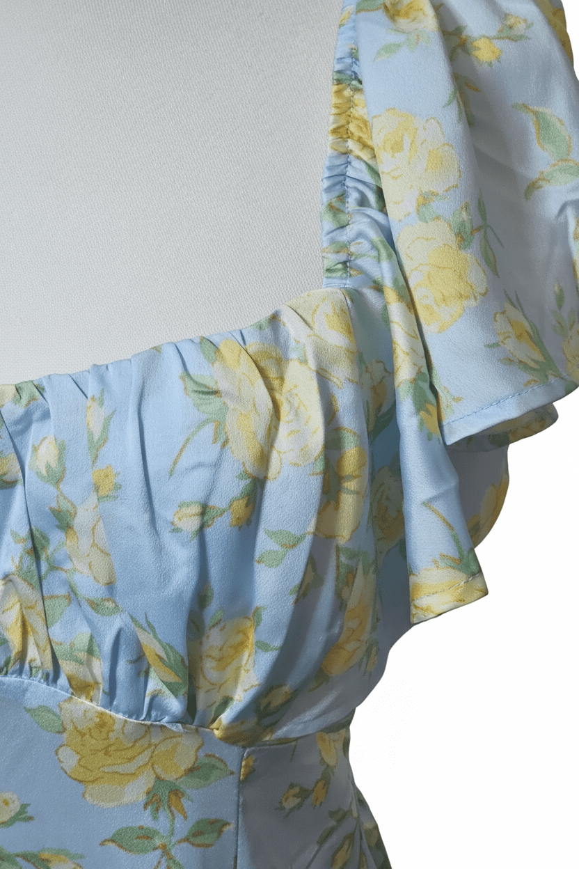 Powder Blue Yellow Rose Floral Open Back Midi Dress by Altar'D State - The Garment Garden Boutique