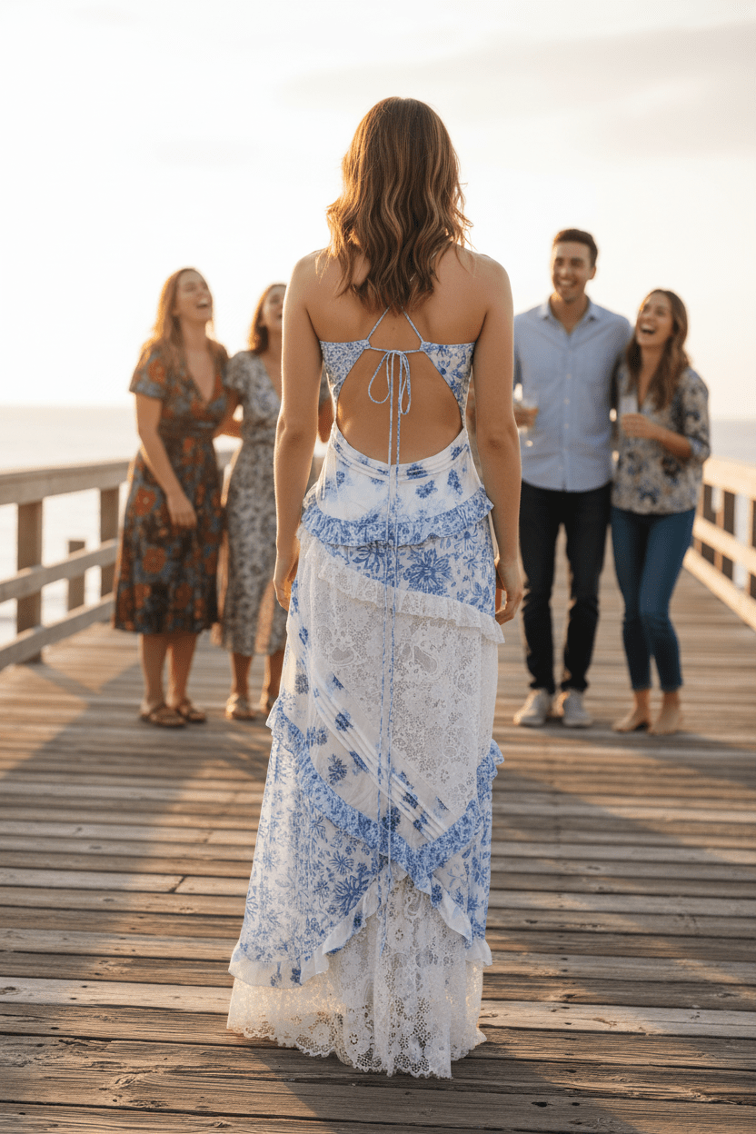 For Love & Lemons Blue Floral Lace Maxi Dress – Designer Wedding Guest Dress - The Garment Garden Boutique