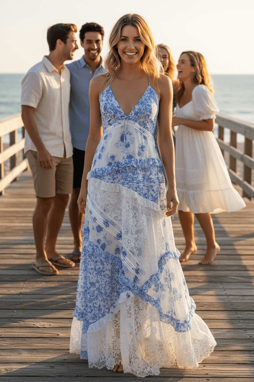 For Love & Lemons Blue Floral Lace Maxi Dress – Designer Wedding Guest Dress