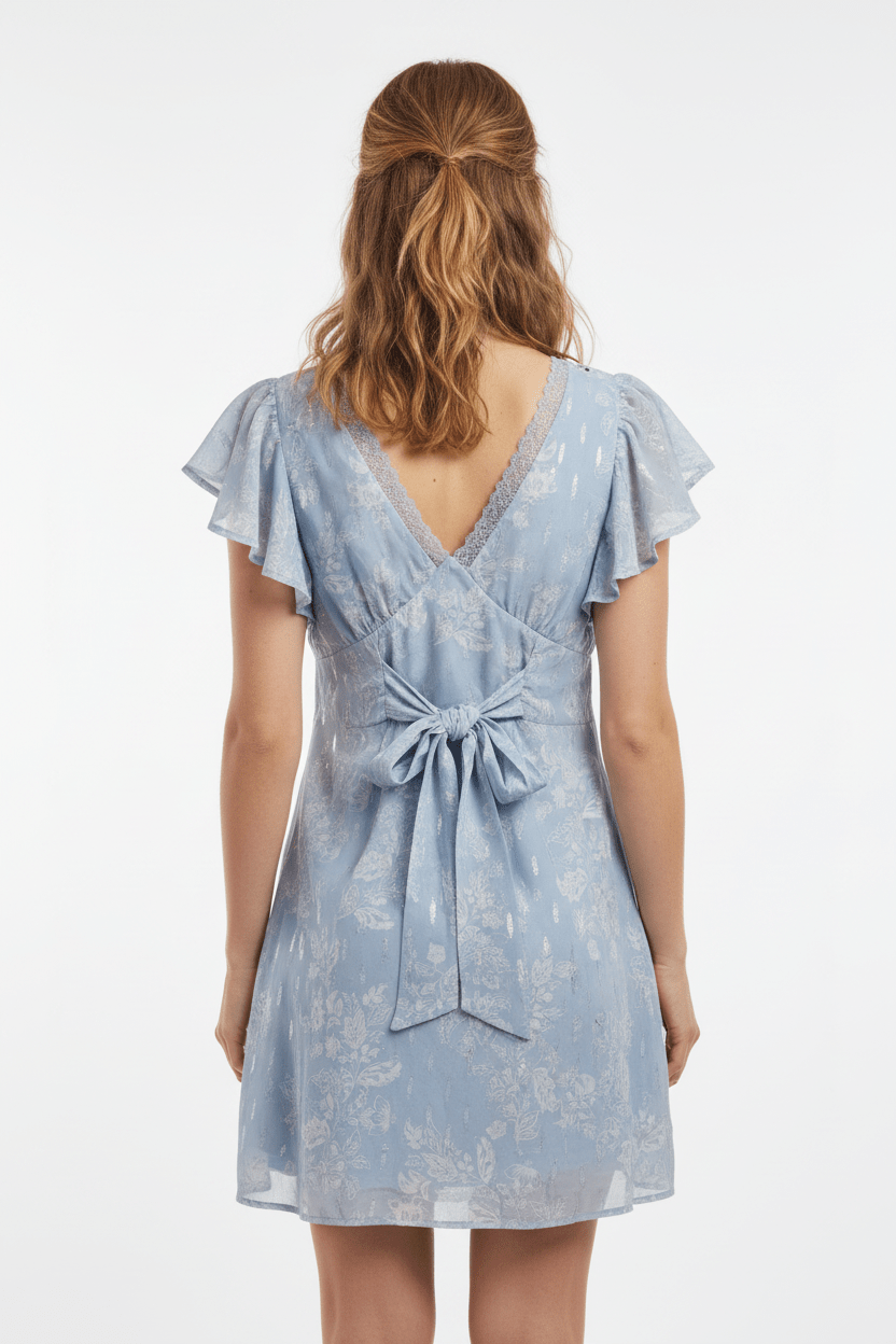 Altar'd State Blue Metallic Floral Flutter Sleeve Mini Dress - The Garment Garden Boutique