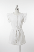 Blue Velvet White Denim Ruffle Cap Sleeve Belted Romper - The Garment Garden Boutique