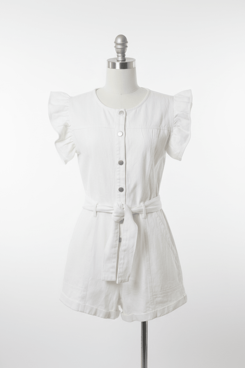 Blue Velvet White Denim Ruffle Cap Sleeve Belted Romper - The Garment Garden Boutique