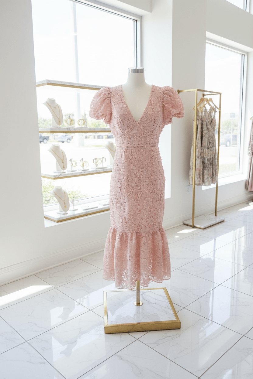 Blush 3D Embroidered Lace Midi Dress by Just Me - The Garment Garden Boutique