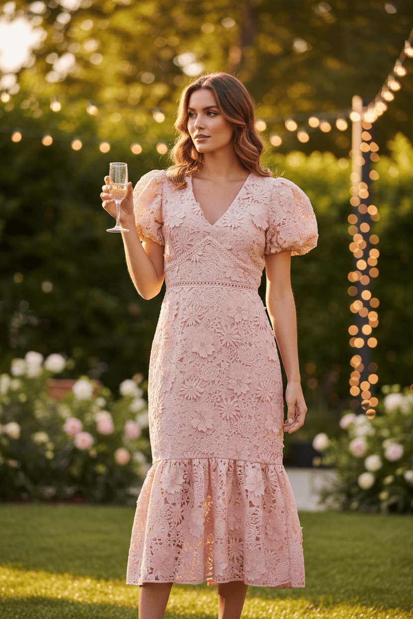 Blush 3D Embroidered Lace Midi Dress by Just Me - The Garment Garden Boutique