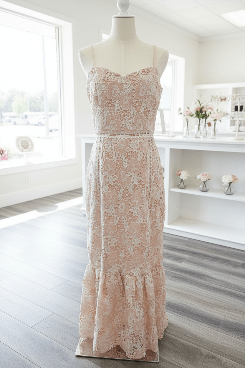 Blush Floral Lace Maxi Dress by AROSE – Wedding Guest & Spring Event Dress - The Garment Garden Boutique
