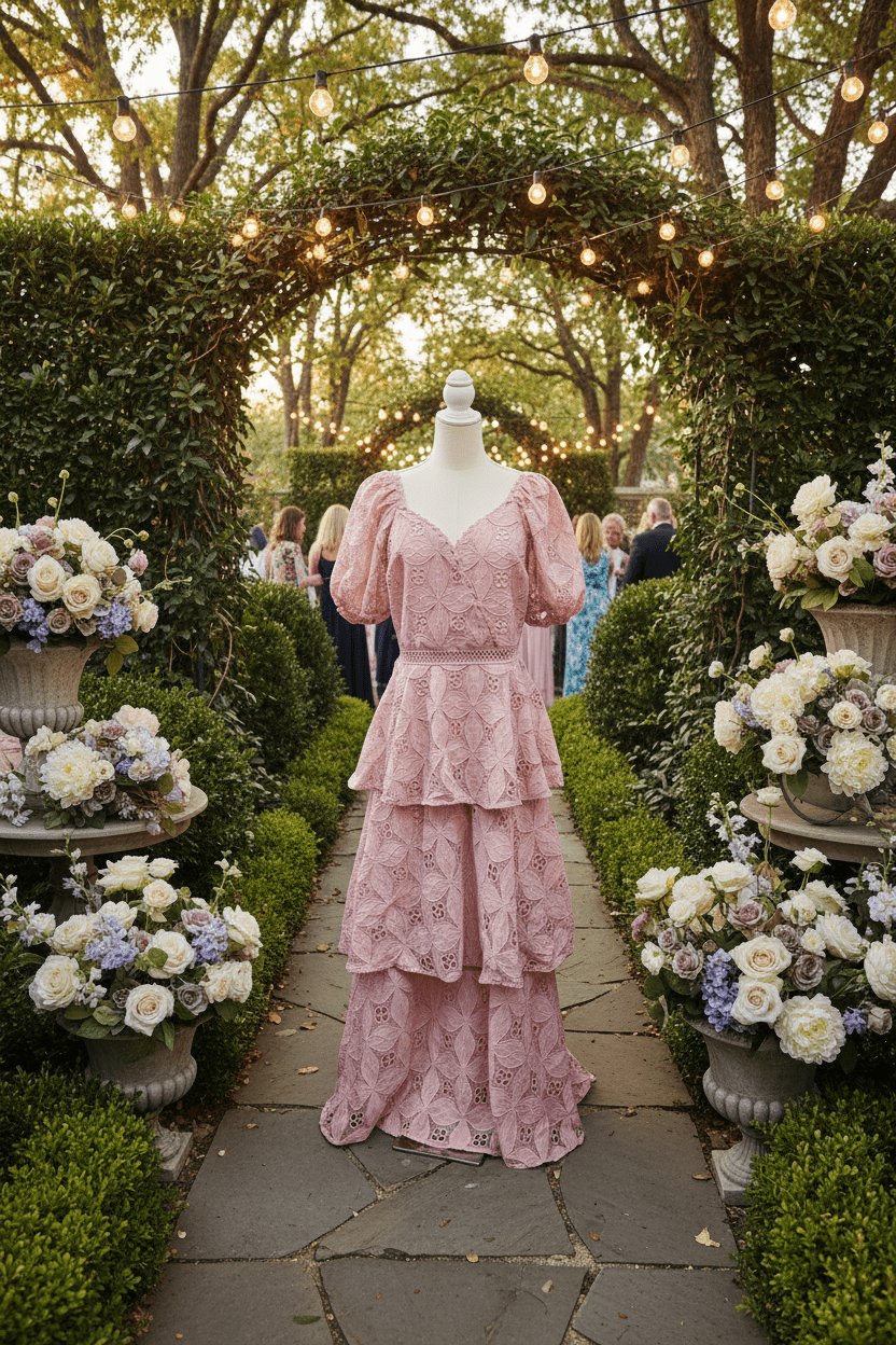 Lace Tiered Maxi Dress by Just Me – Wedding Guest & Formal Occasion Dress - The Garment Garden Boutique