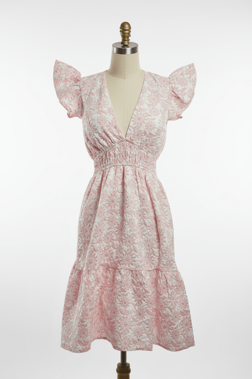 Blush Pink Daisy Textured Flutter Sleeve Midi Dress - The Garment Garden Boutique