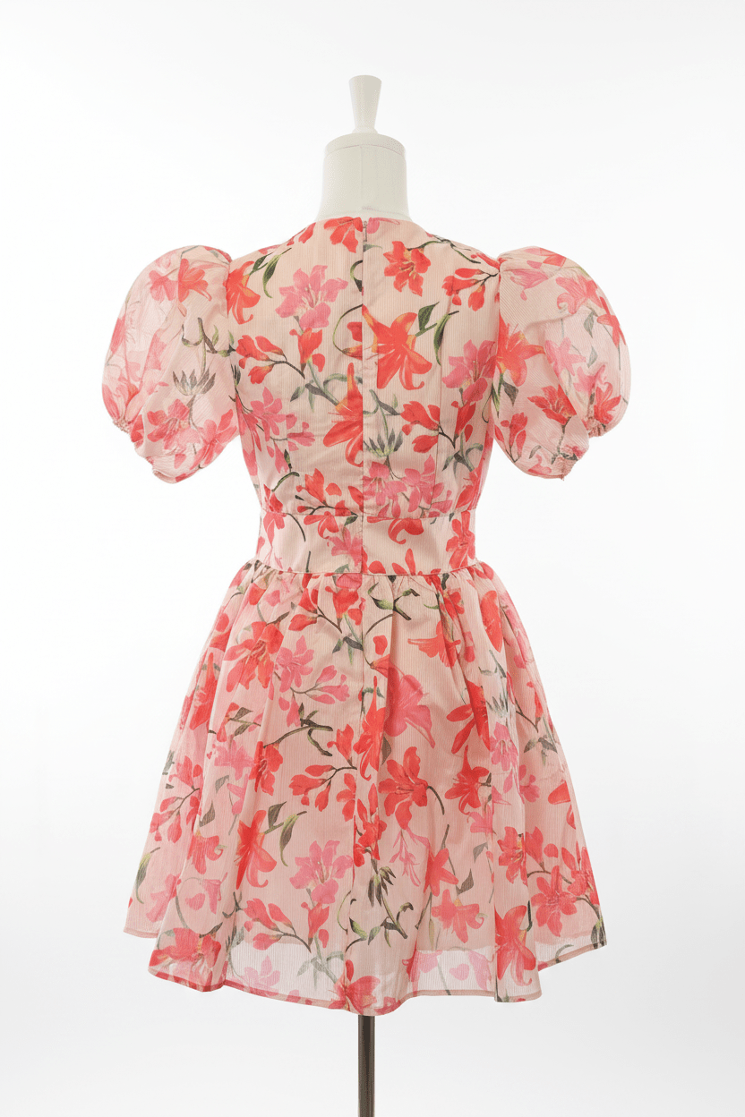 Mainstrip Blush Pink Tiger Lily Floral Puff Sleeve Mini Dress - The Garment Garden Boutique