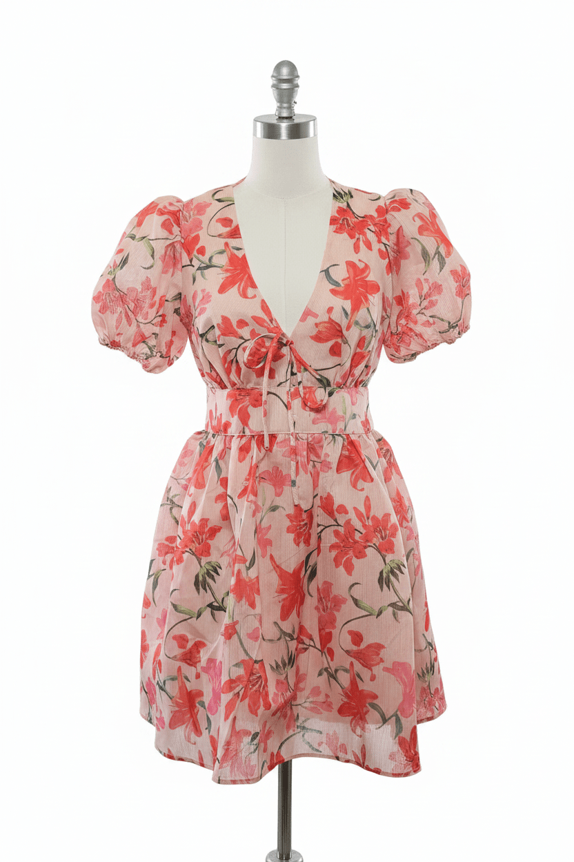 Mainstrip Blush Pink Tiger Lily Floral Puff Sleeve Mini Dress - The Garment Garden Boutique