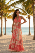 Boho Miami Coral Cream Abstract Patchwork Halter Maxi Dress - The Garment Garden Boutique