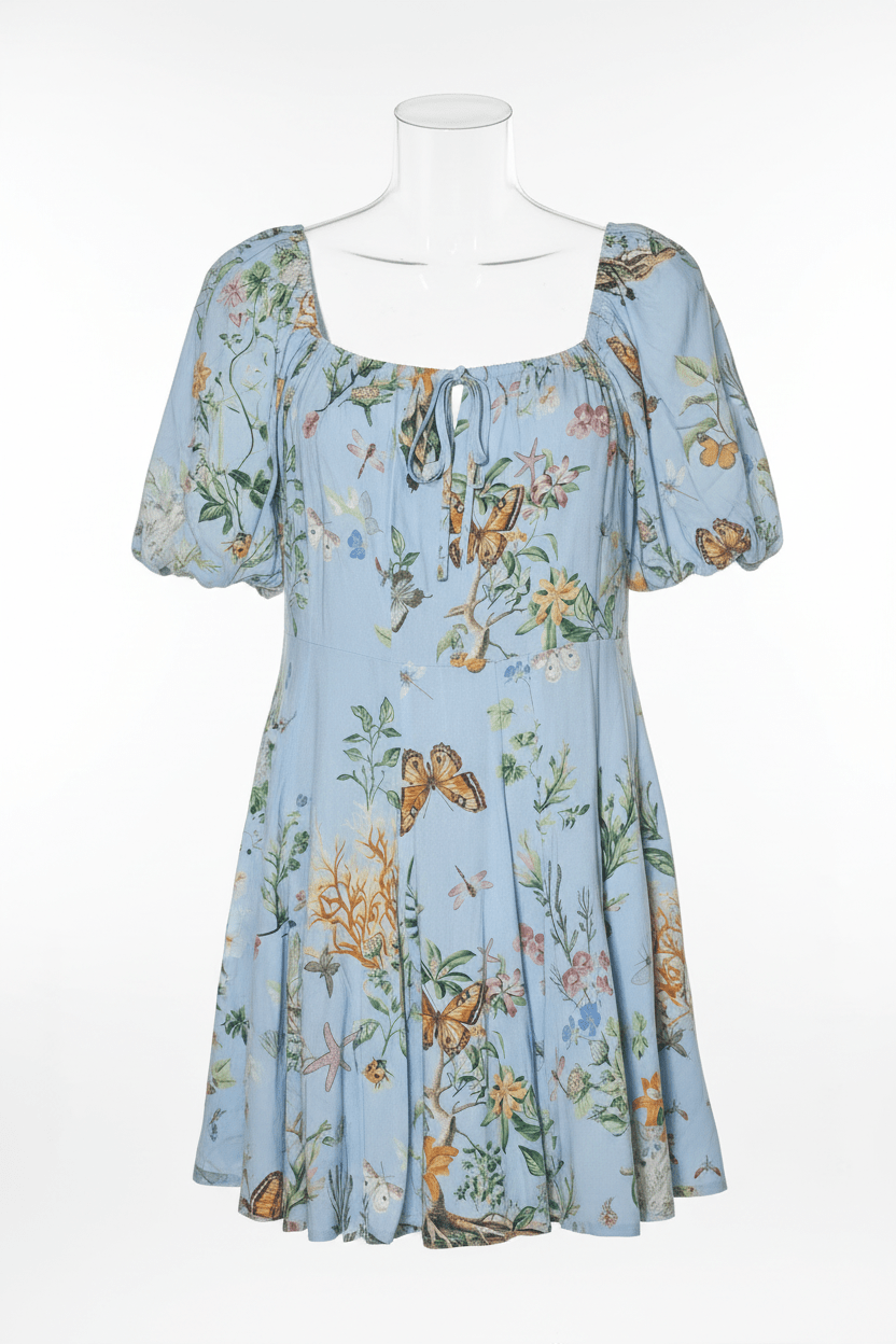 Altar'd State Sky Blue Butterfly Garden Puff Sleeve Mini Dress - The Garment Garden Boutique