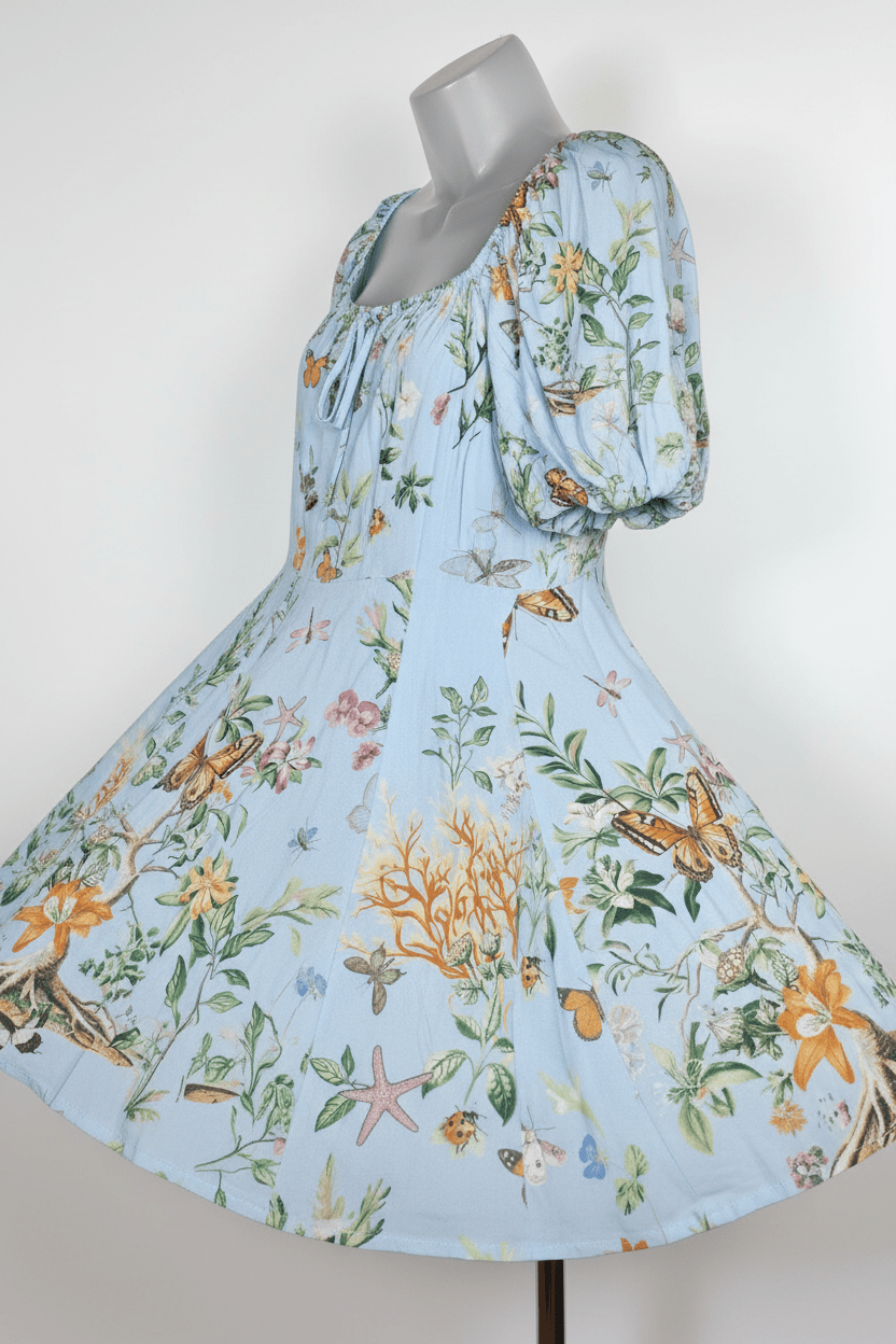 Altar'd State Sky Blue Butterfly Garden Puff Sleeve Mini Dress - The Garment Garden Boutique