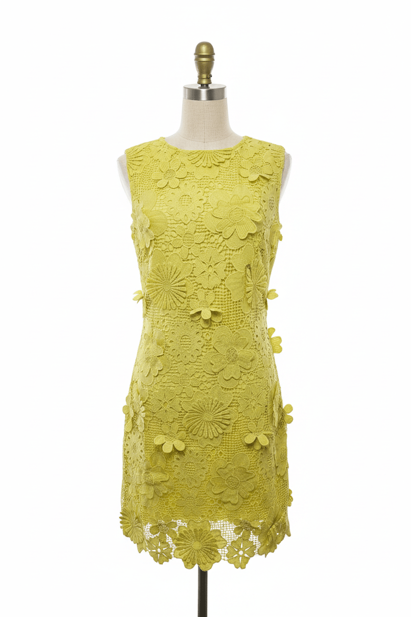Just Me Chartreuse 3D Floral Crochet Lace Shift Dress - The Garment Garden Boutique
