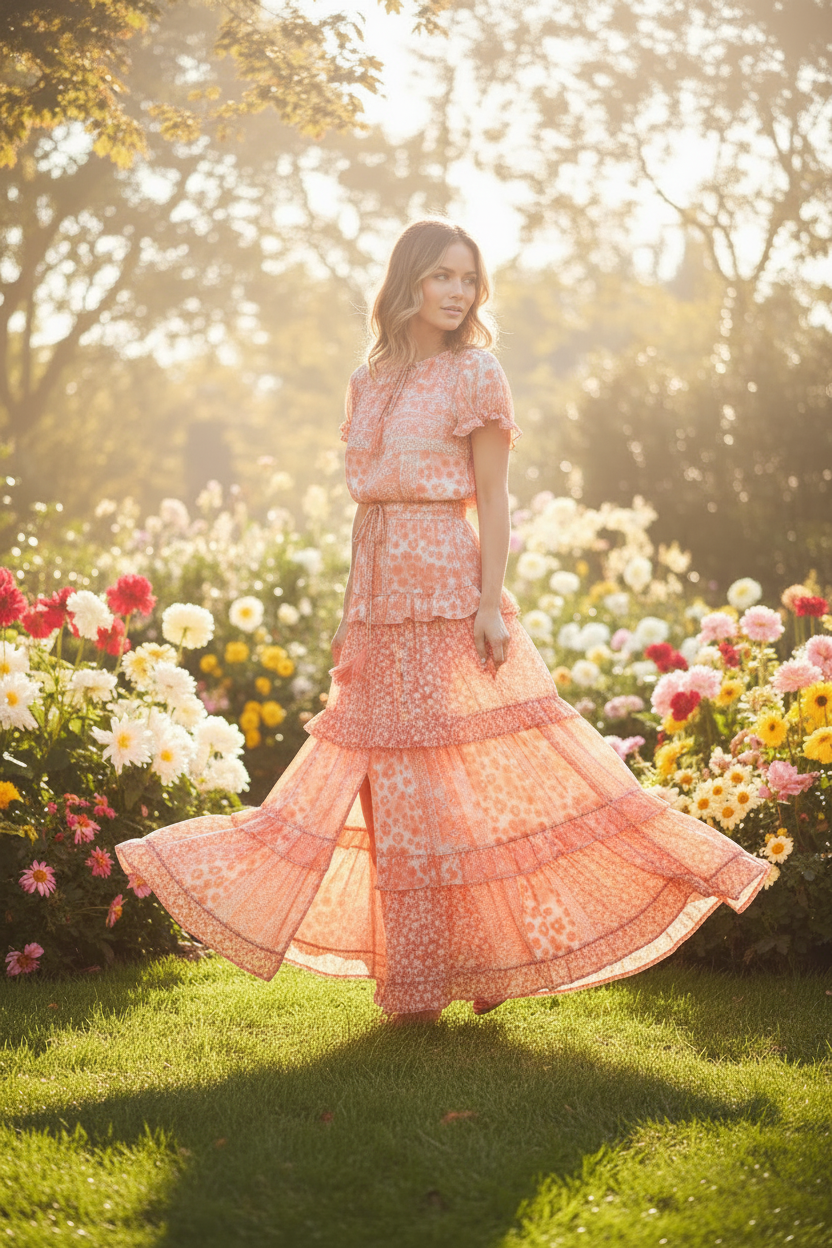 Coral Ruffle Maxi - Garden with Kick Slit