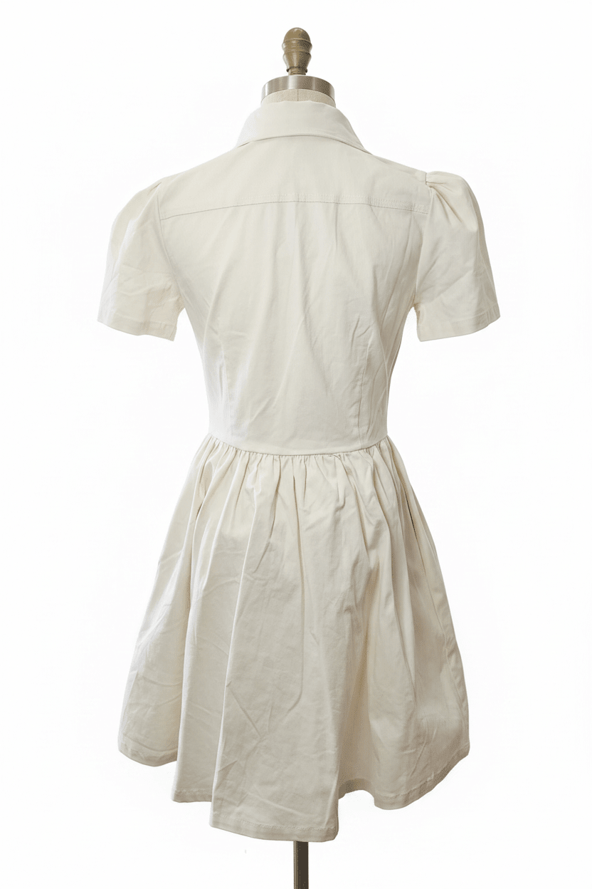 Mainstrip Cream Cotton Puff Sleeve Mini Dress with Gold Crest Buttons