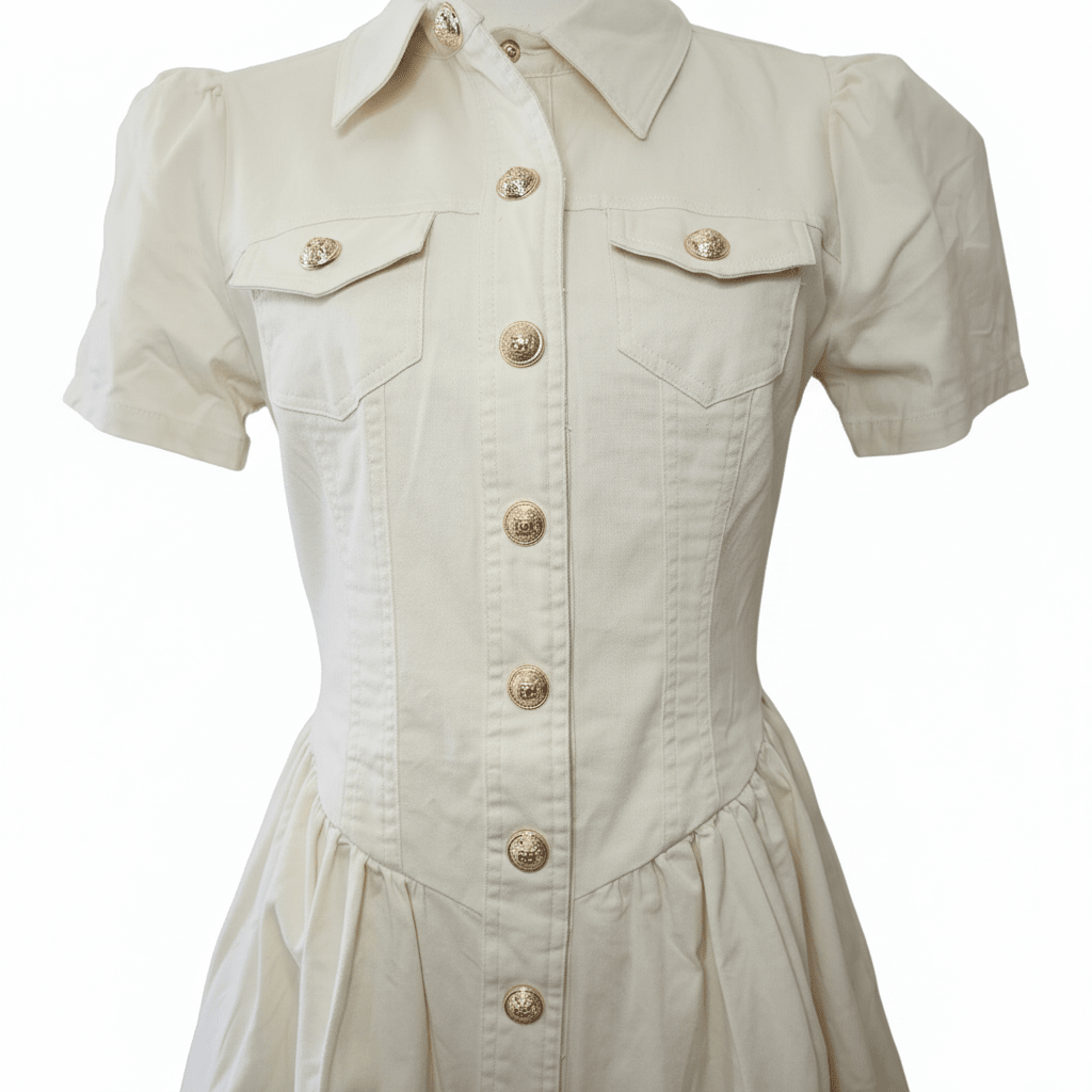 Mainstrip Cream Cotton Puff Sleeve Mini Dress with Gold Crest Buttons - The Garment Garden Boutique