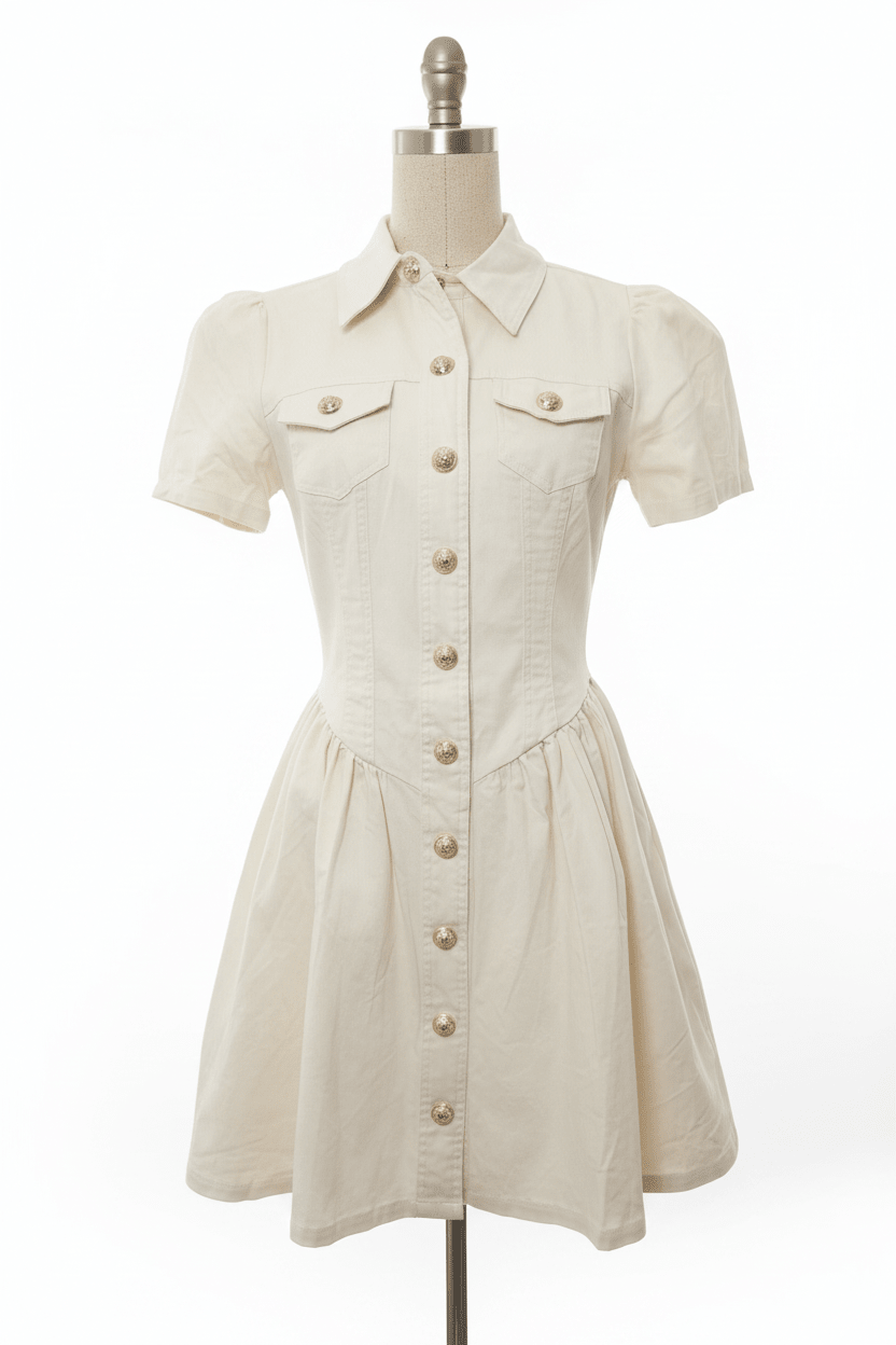 Mainstrip Cream Cotton Puff Sleeve Mini Dress with Gold Crest Buttons - The Garment Garden Boutique