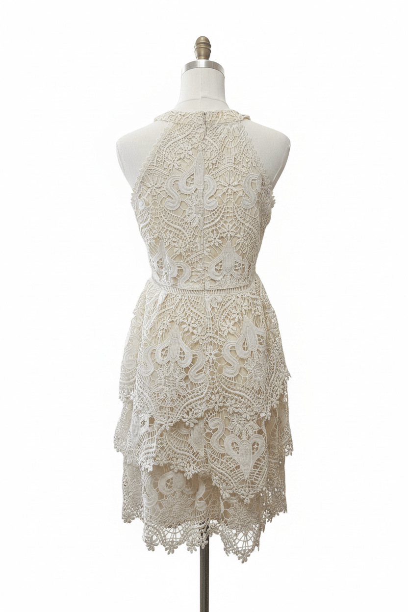 Just Me Cream Crochet Lace Tiered Halter Mini Dress - The Garment Garden Boutique