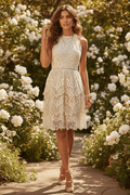 Just Me Cream Crochet Lace Tiered Halter Mini Dress - The Garment Garden Boutique