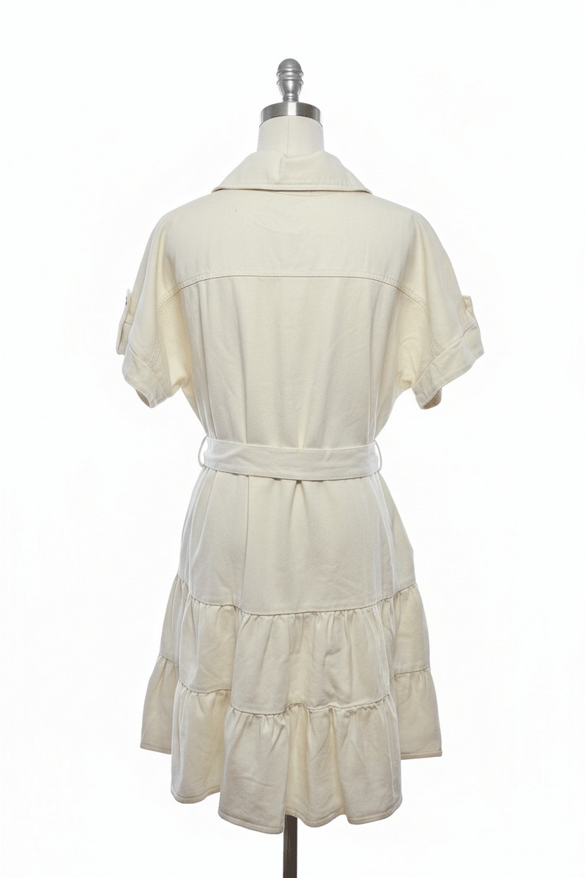 She + Sky Cream Denim Tiered Shirt Dress with Mother of Pearl Buttons - The Garment Garden Boutique