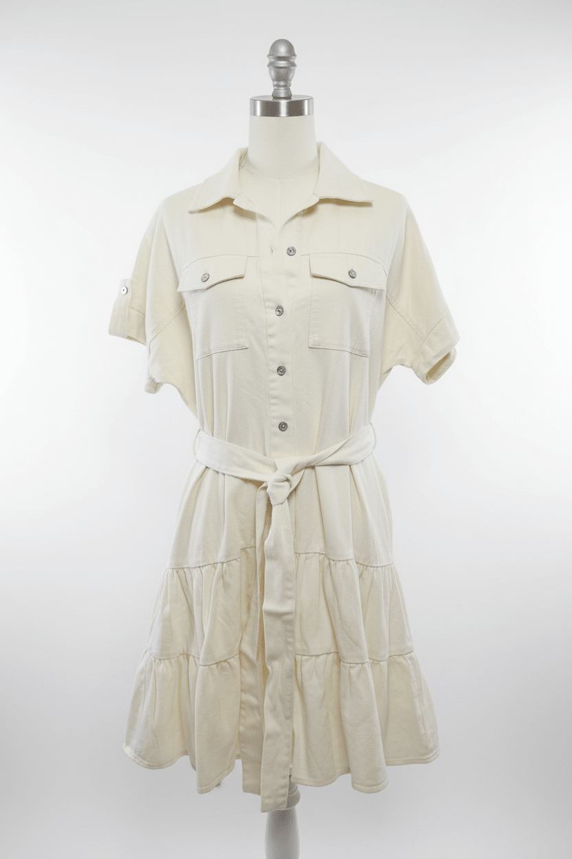 She + Sky Cream Denim Tiered Shirt Dress with Mother of Pearl Buttons - The Garment Garden Boutique