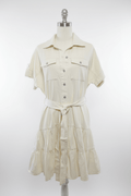 She + Sky Cream Denim Tiered Shirt Dress with Mother of Pearl Buttons - The Garment Garden Boutique
