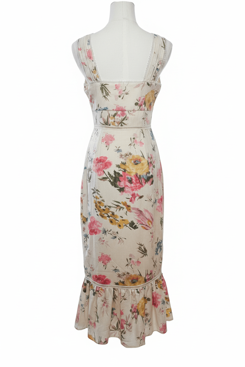 Cream Watercolor Floral Lace Trim Midi Dress - The Garment Garden Boutique