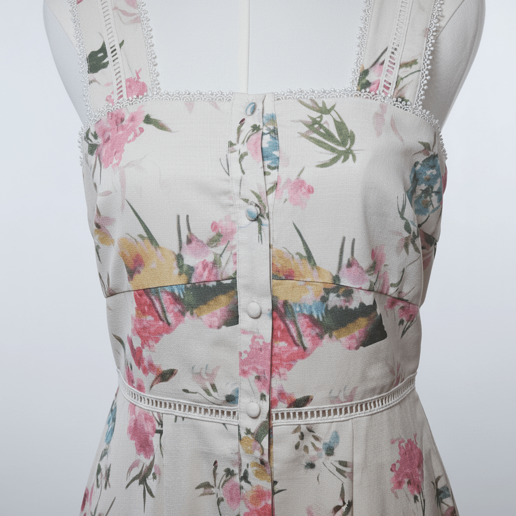 Cream Watercolor Floral Lace Trim Midi Dress - The Garment Garden Boutique