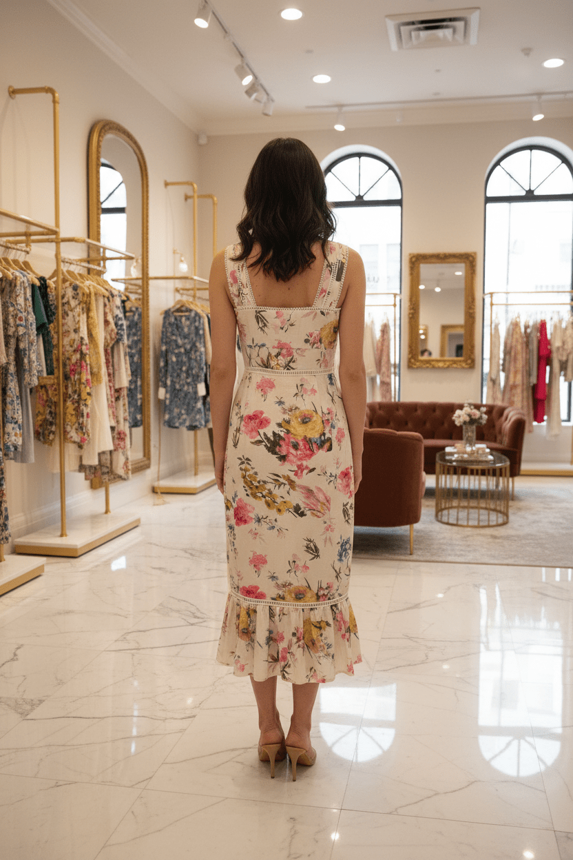 Cream Watercolor Floral Lace Trim Midi Dress - The Garment Garden Boutique
