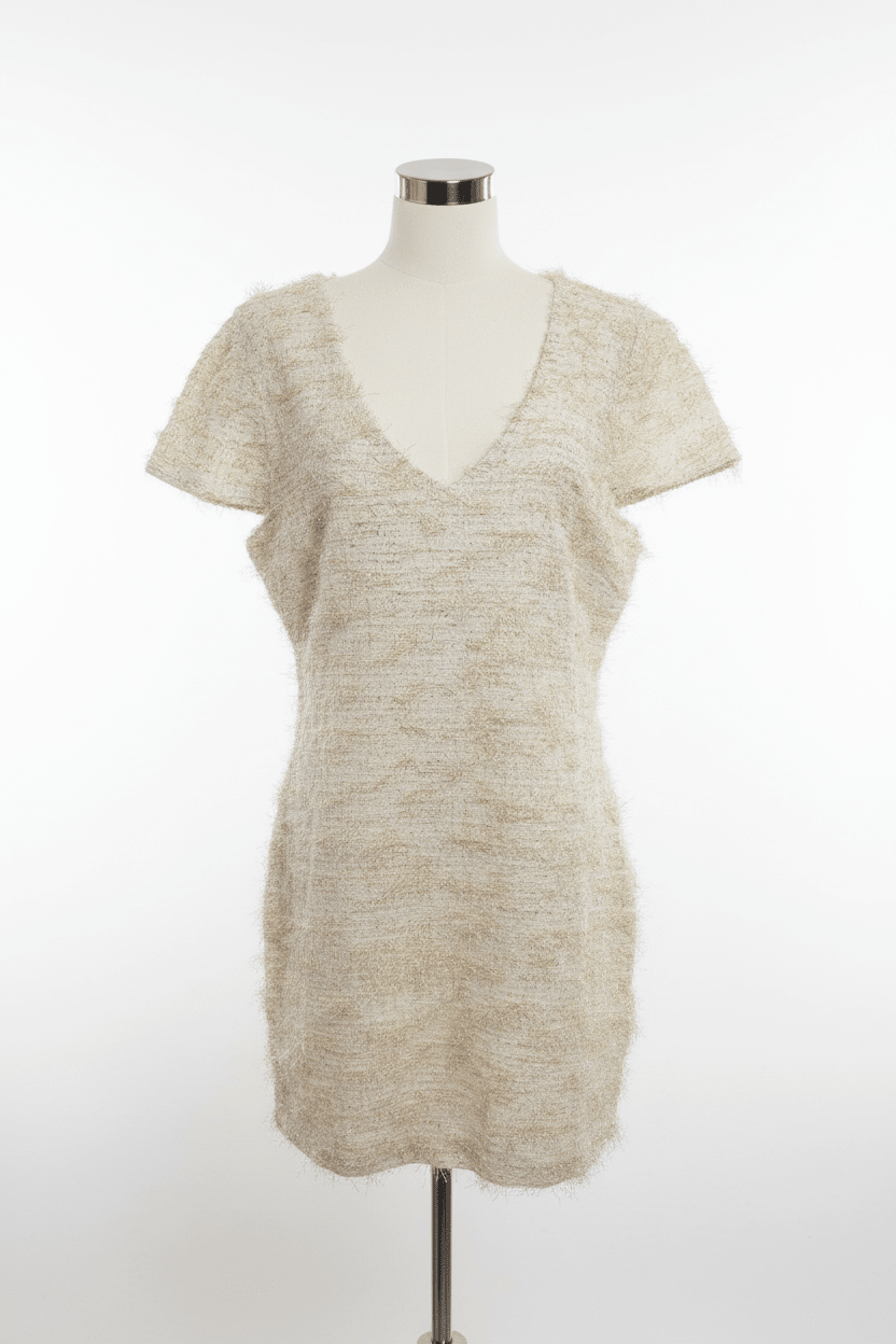 Just Me Cream Gold Silver Eyelash Fringe Flutter Sleeve Mini Dress - The Garment Garden Boutique