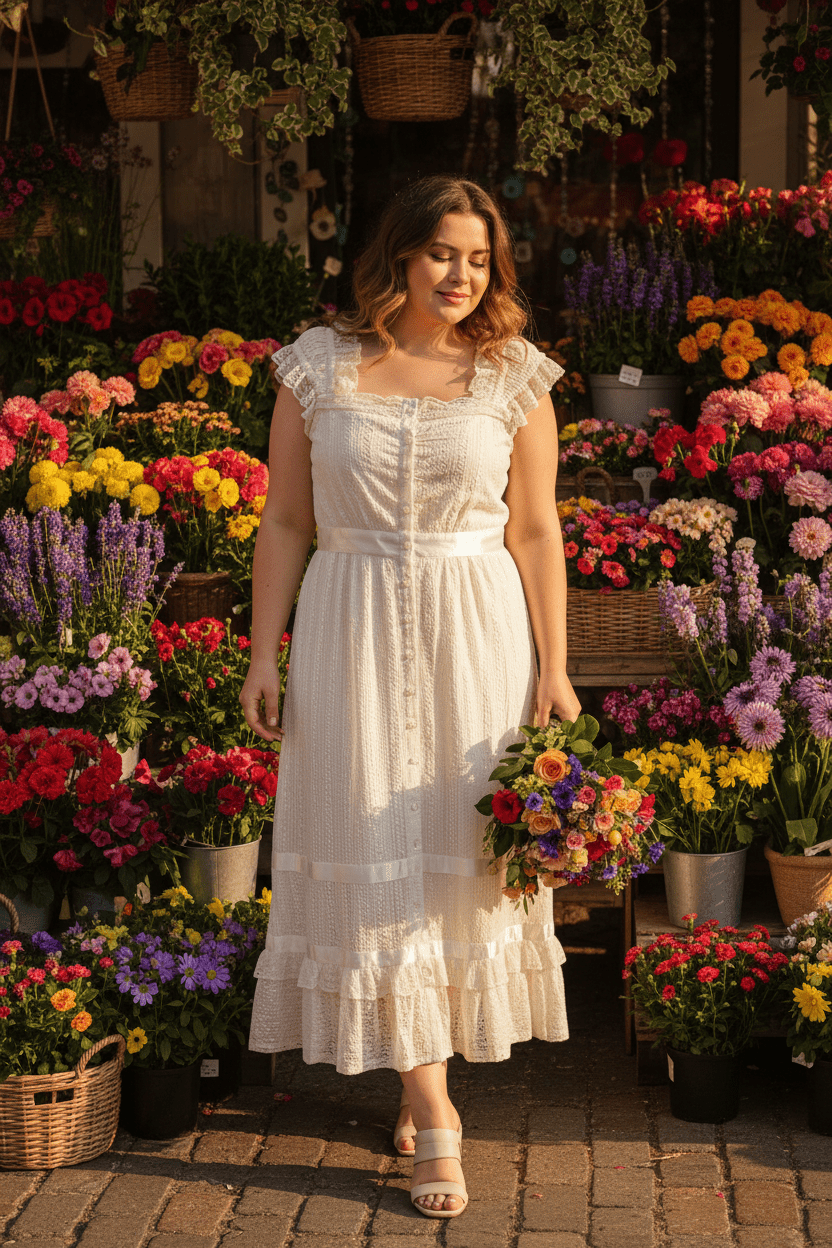Cream Lace Button Front Midi Dress - The Garment Garden Boutique