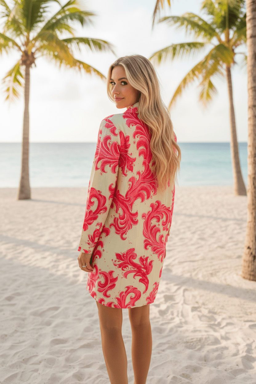 Modaposa Pale Green & Hot Pink Baroque Scroll Caftan Dress - The Garment Garden Boutique