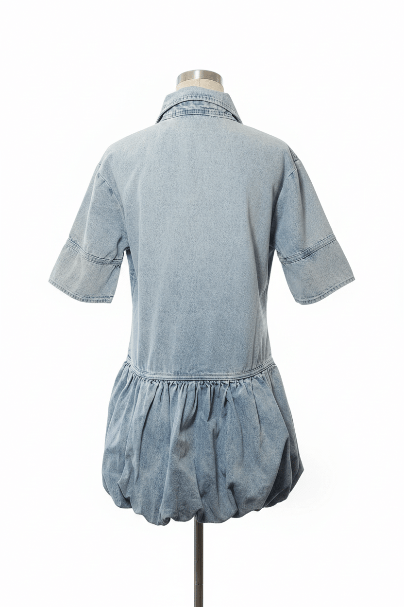 In The Beginning Light Wash Denim Bubble Hem Mini Dress - The Garment Garden Boutique