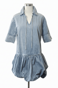 In The Beginning Light Wash Denim Bubble Hem Mini Dress - The Garment Garden Boutique