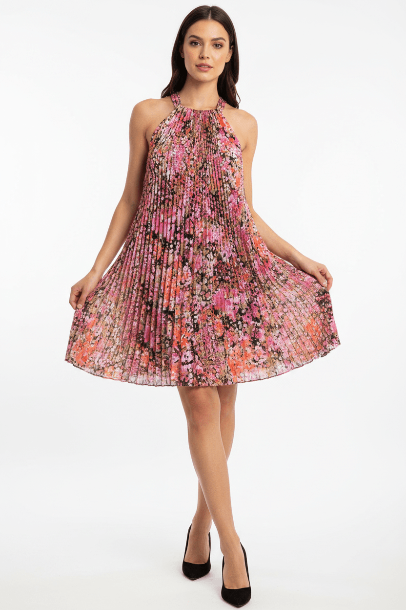 DKNY Floral Pleated Halter Cocktail Dress - The Garment Garden Boutique