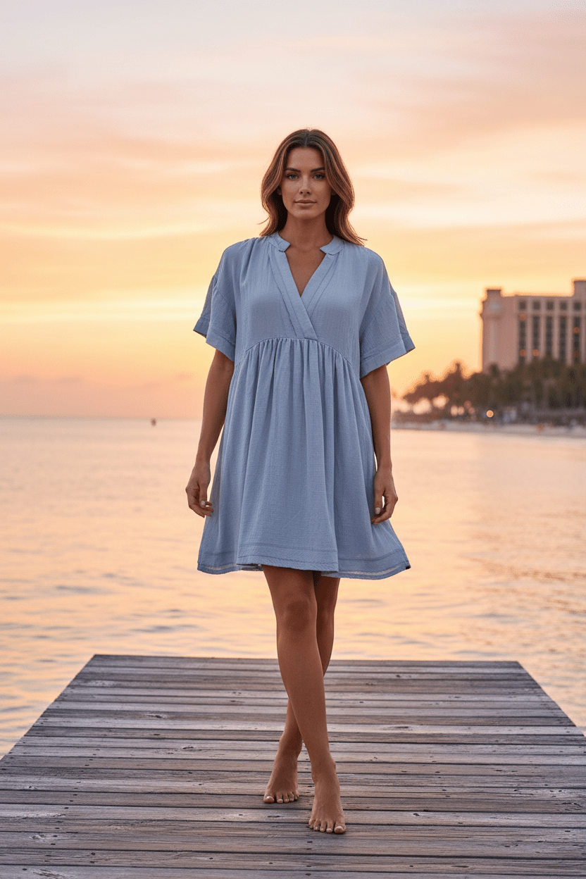 Dusty Blue Cotton Surplice Mini Dress - The Garment Garden Boutique
