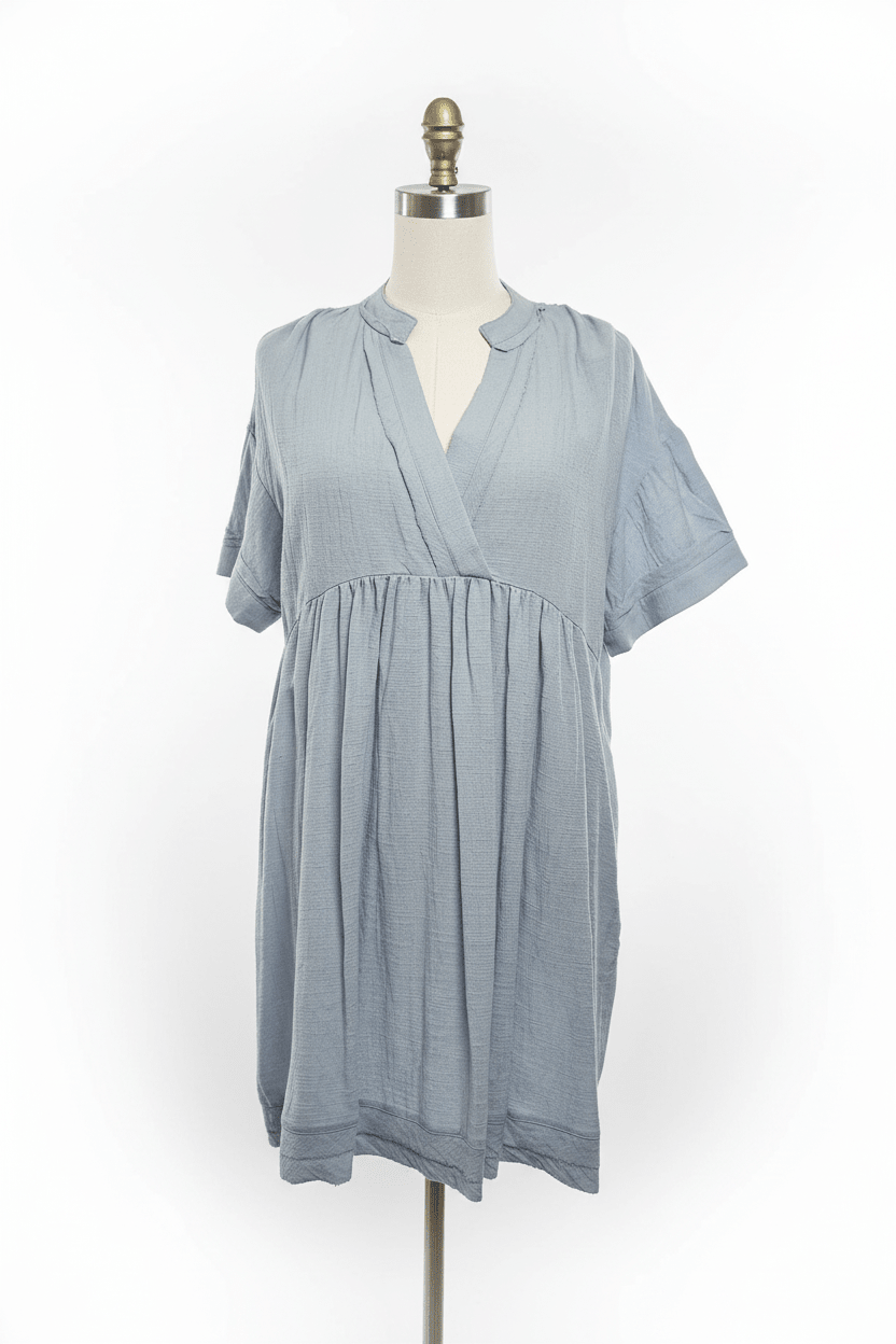 Dusty Blue Cotton Surplice Mini Dress - The Garment Garden Boutique