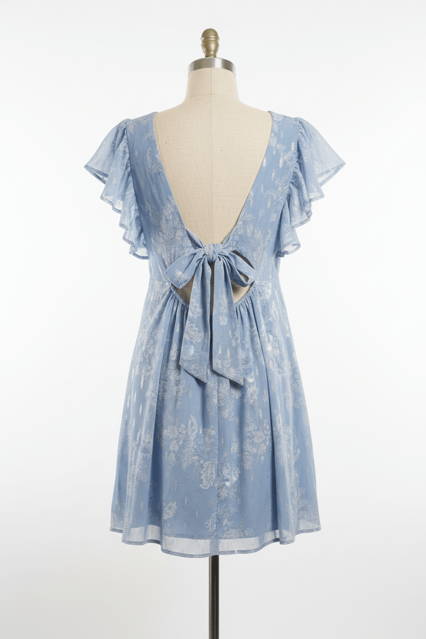 Dusty Blue Silver AB Thread Flutter Sleeve Mini Dress - The Garment Garden Boutique