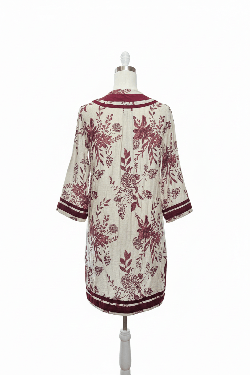 Entro Cream & Burgundy Botanical Floral Tunic Mini Dress - The Garment Garden Boutique