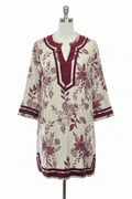 Entro Cream & Burgundy Botanical Floral Tunic Mini Dress - The Garment Garden Boutique