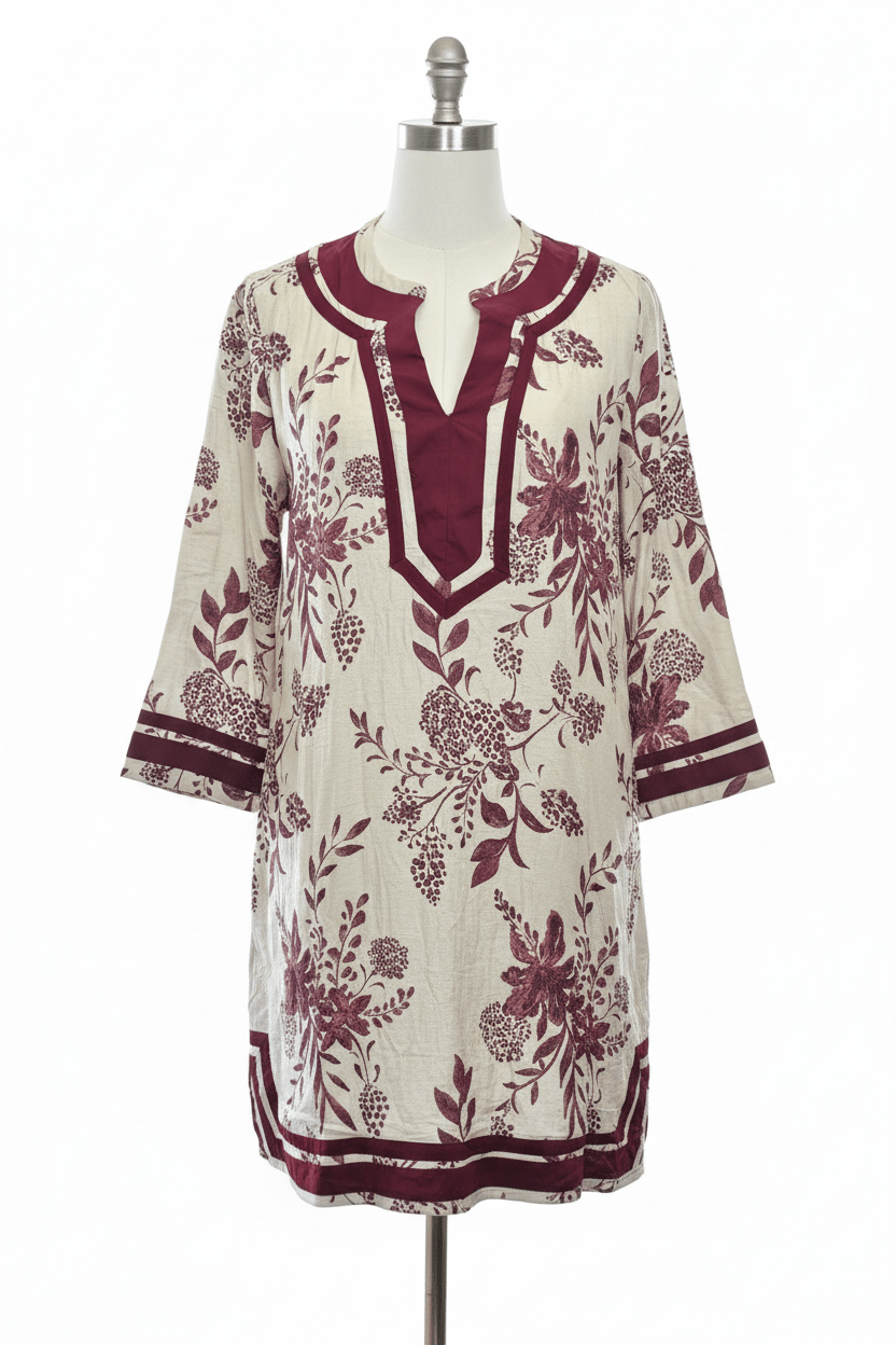 Entro Cream & Burgundy Botanical Floral Tunic Mini Dress - The Garment Garden Boutique