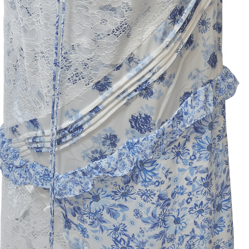 For Love & Lemons Blue Floral Lace Maxi Dress – Designer Wedding Guest Dress - The Garment Garden Boutique