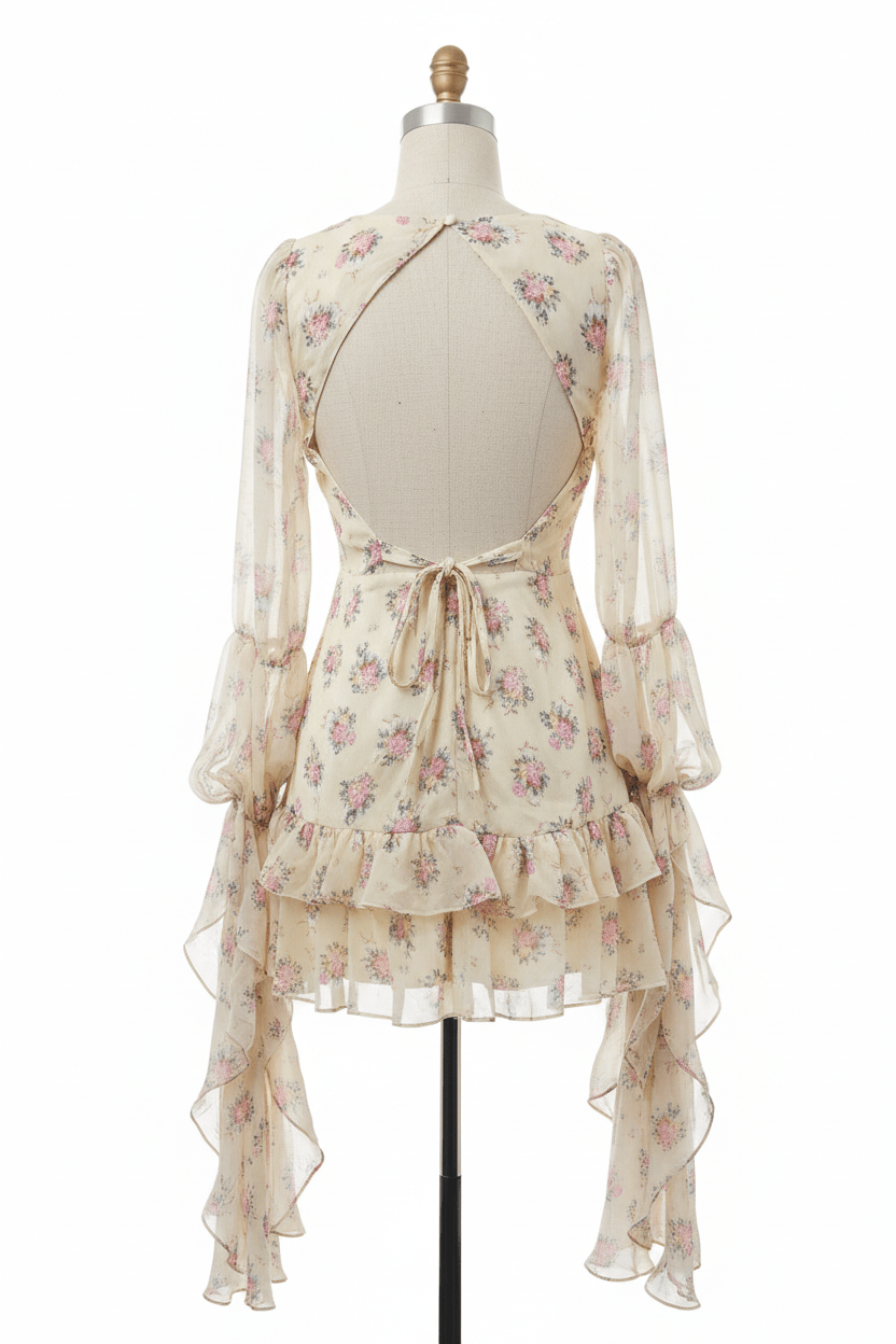 For Love & Lemons Pale Yellow Floral Chiffon Mini Dress - The Garment Garden Boutique